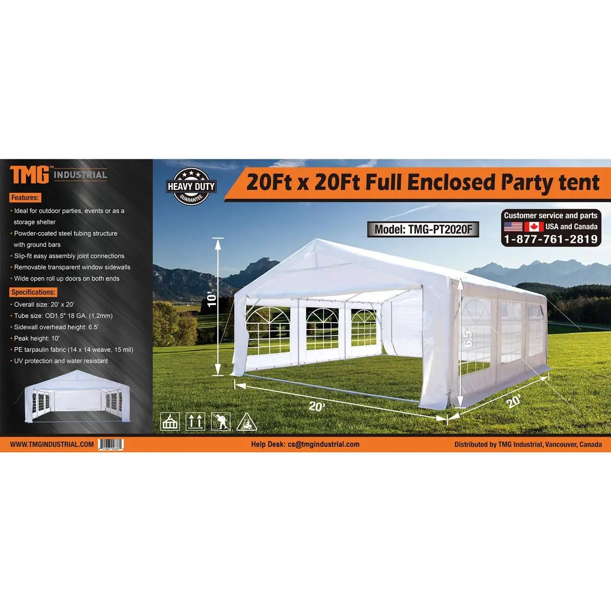 20′ x 20′ Heavy Duty Outdoor Party Tent with Removable Sidewalls and Roll-Up Doors, PE tarpaulin fabric, 6’6″ Overhead, 10’ Peak Ceiling, TMG-PT2020F