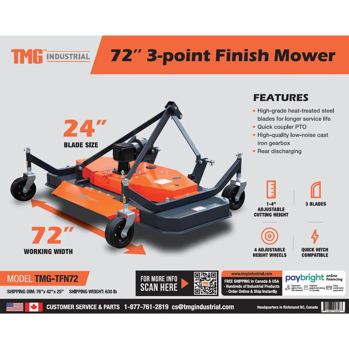 72″ Tow-Behind 3-Point Hitch Finish Mower, 30-50 HP Compact Tractor, PTO Drive Shaft Included, TMG-TFN72
