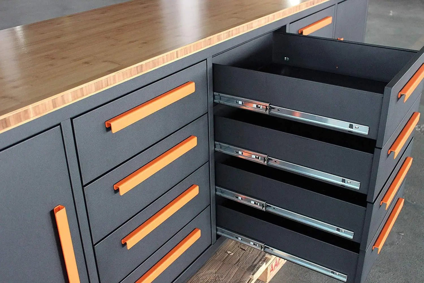 Heavy Duty 10-FT 12 Drawer Bamboo Table Top Workbench, Two Cabinets, All-in-One Welded Frame, Ball Bearing Slides, TMG-WB10B