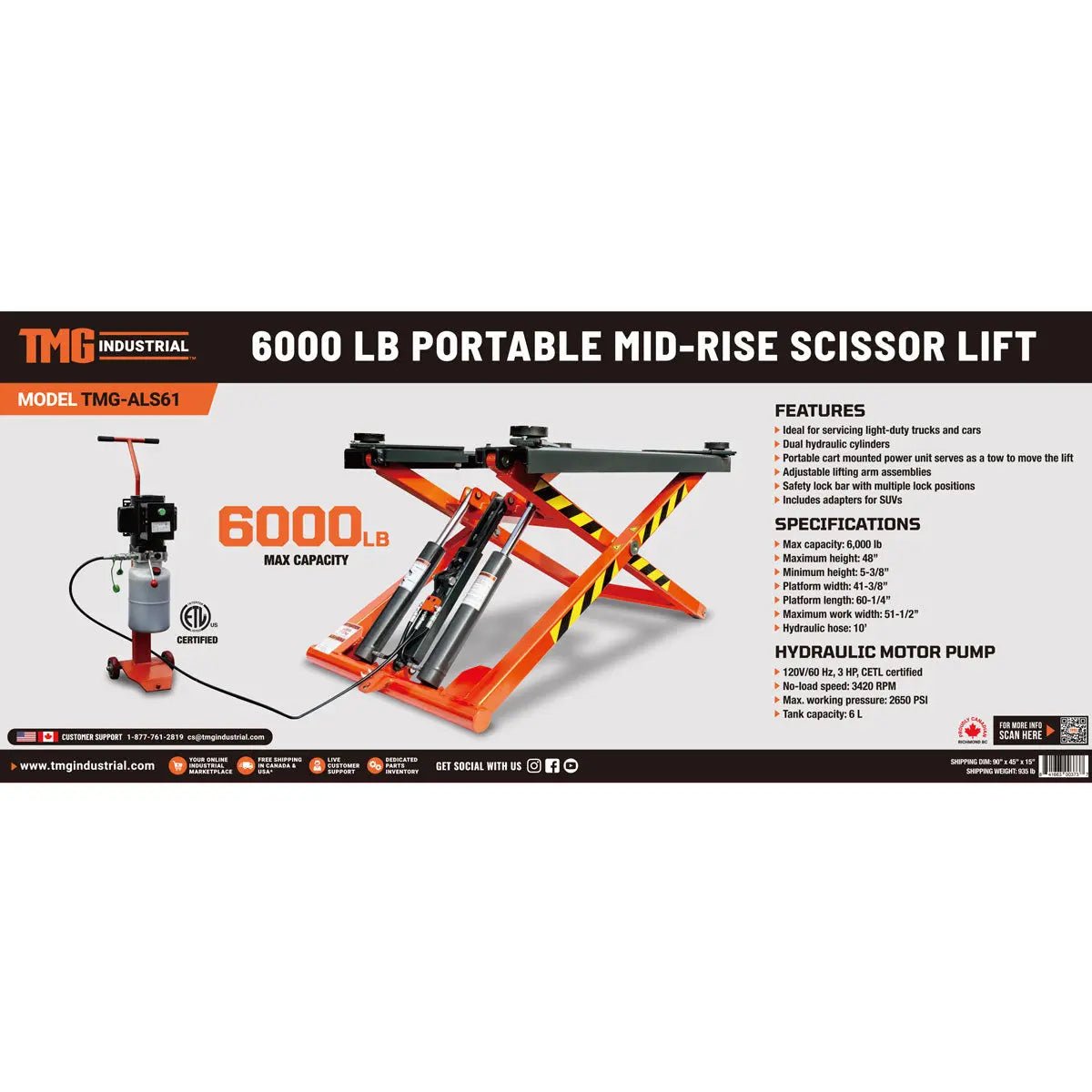 Mid-Rise Portable Automotive Scissor Lift, 6000 lb Lift Capacity, 48″ Lift Height, Single-Point Lock Release, TMG-ALS61