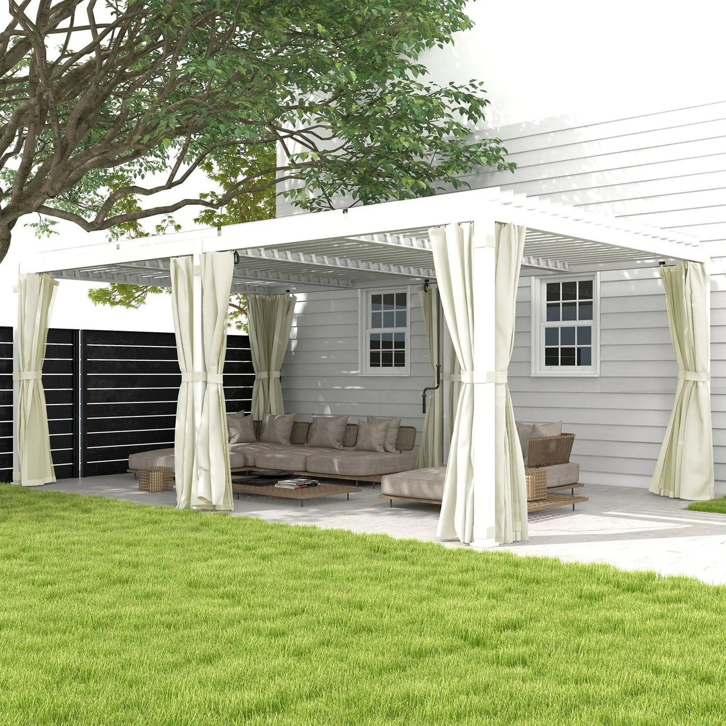 12′ x 19′ Aluminum Pergola, 2 Adjustable Louvred Roofs, Curtains & Nettings, UV-Fighting & Waterproof, DOBA-PC1219