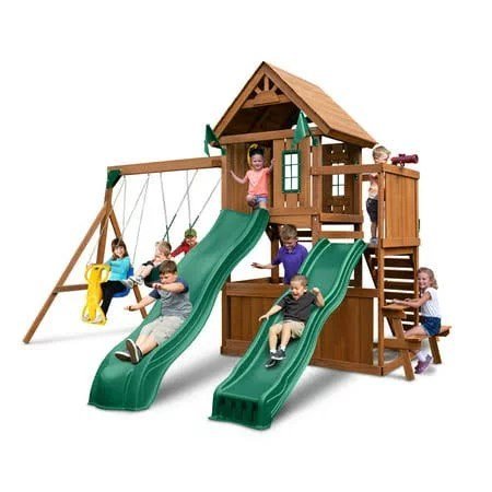 Swing-N-Slide WS 8353 Knightsbridge Deluxe Wooden Swing Set with Two Slides Climbing Wall Swings Glider & Picnic Table Wood