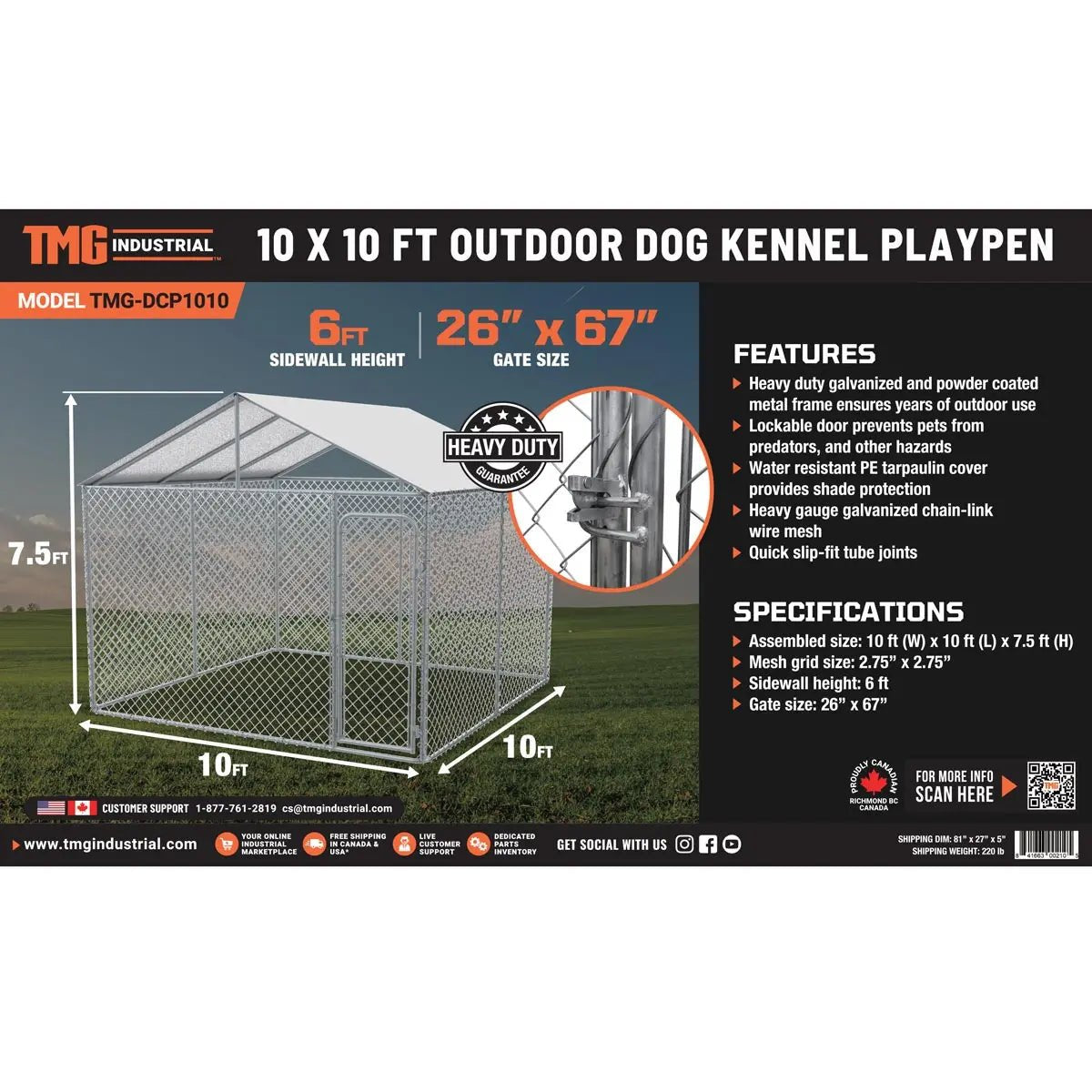 10’ x 10’ Outdoor Dog Kennel Playpen w/Cover, Outdoor Dog Runner, Pet Exercise House, Lockable Gate, 6’ Chain-Link Fence, TMG-DCP1010
