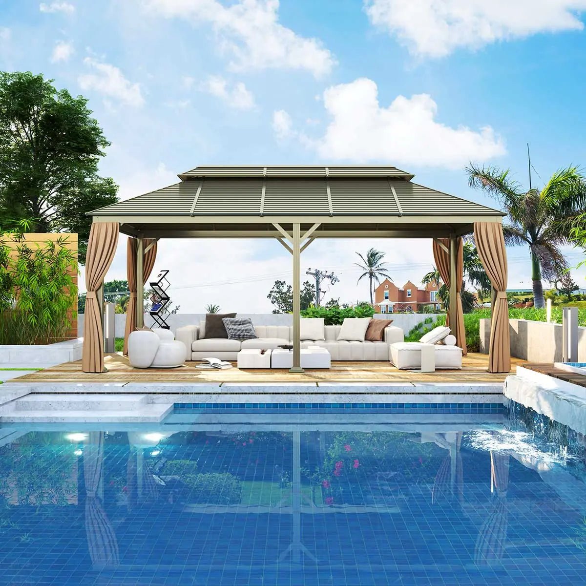 10’ x 20’ Hardtop, Double Tier Steel Roof Patio Gazebo, Mosquito Nets & Curtains Included, TMG-LGZ21