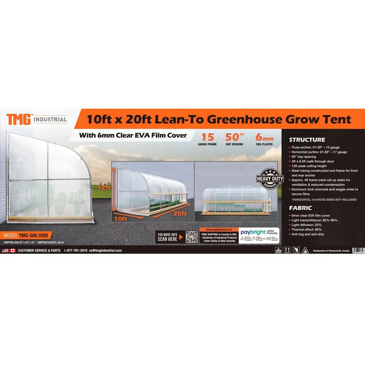 10’ x 20’ Lean-To Greenhouse Grow Tent w/6 Mil Clear EVA Plastic Film, Cold Frame, Hand Crank Roll-Up Side, 6-½’ Sidewall, TMG-GHL1020