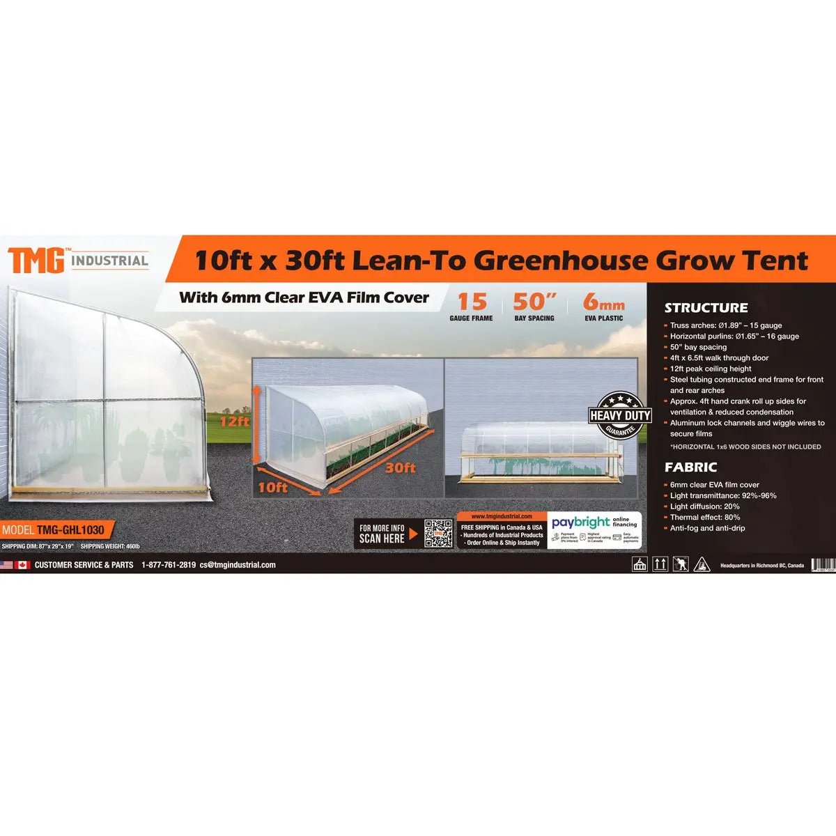10’ x 30’ Lean-To Greenhouse Grow Tent w/6 Mil Clear EVA Plastic Film, Cold Frame, Hand Crank Roll-Up Side, 6-½’ Sidewall, TMG-GHL1030