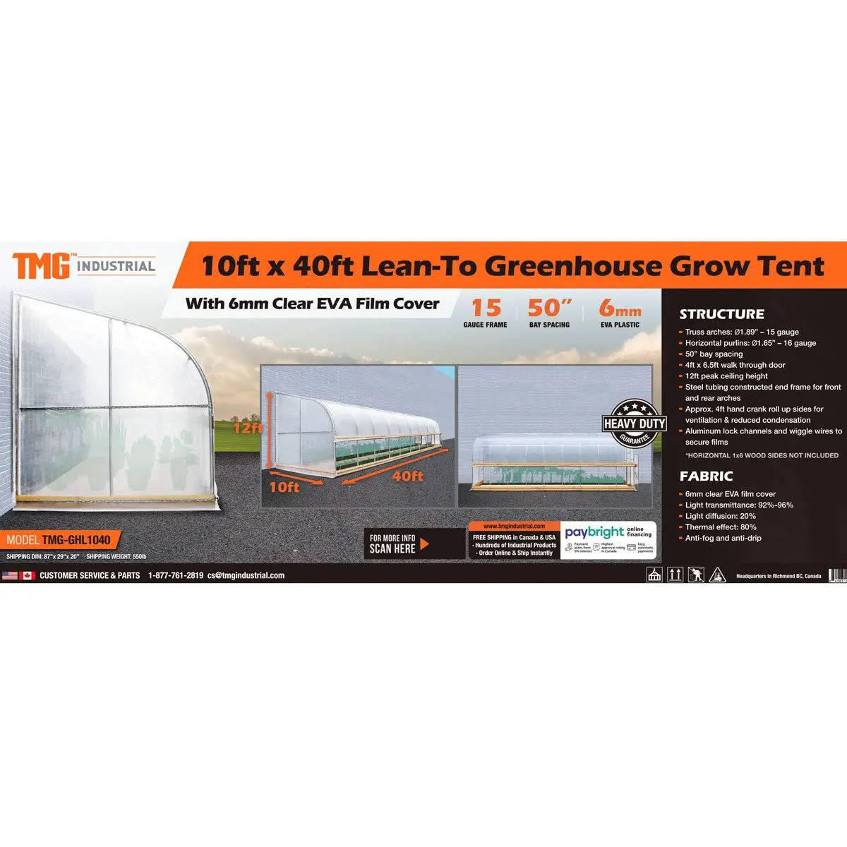 10’ x 40’ Lean-To Greenhouse Grow Tent w/6 Mil Clear EVA Plastic Film, Cold Frame, Hand Crank Roll-Up Side, 6-½’ Sidewall, TMG-GHL1040