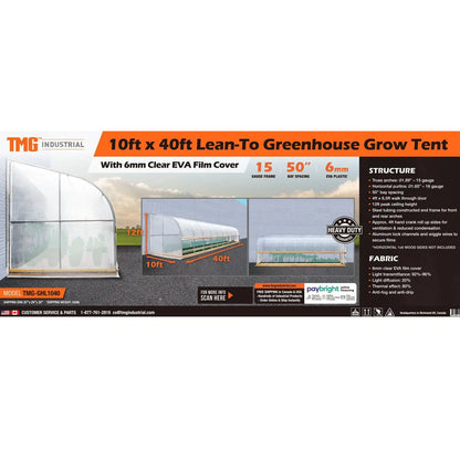 10’ x 40’ Lean-To Greenhouse Grow Tent w/6 Mil Clear EVA Plastic Film, Cold Frame, Hand Crank Roll-Up Side, 6-½’ Sidewall, TMG-GHL1040