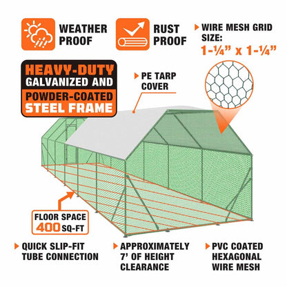 10’ x 40’ Wire Mesh Chicken Run Shelter Coop, Galvanized Steel, 400 Sq-Ft, Lockable Gate, PVC Coated Mesh, TMG-CRS1040