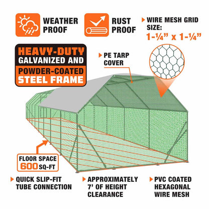 10’ x 60’ Wire Mesh Chicken Run Shelter Coop, Galvanized Steel, 600 Sq-Ft, Lockable Gate, PVC Coated Mesh, TMG-CRS1060