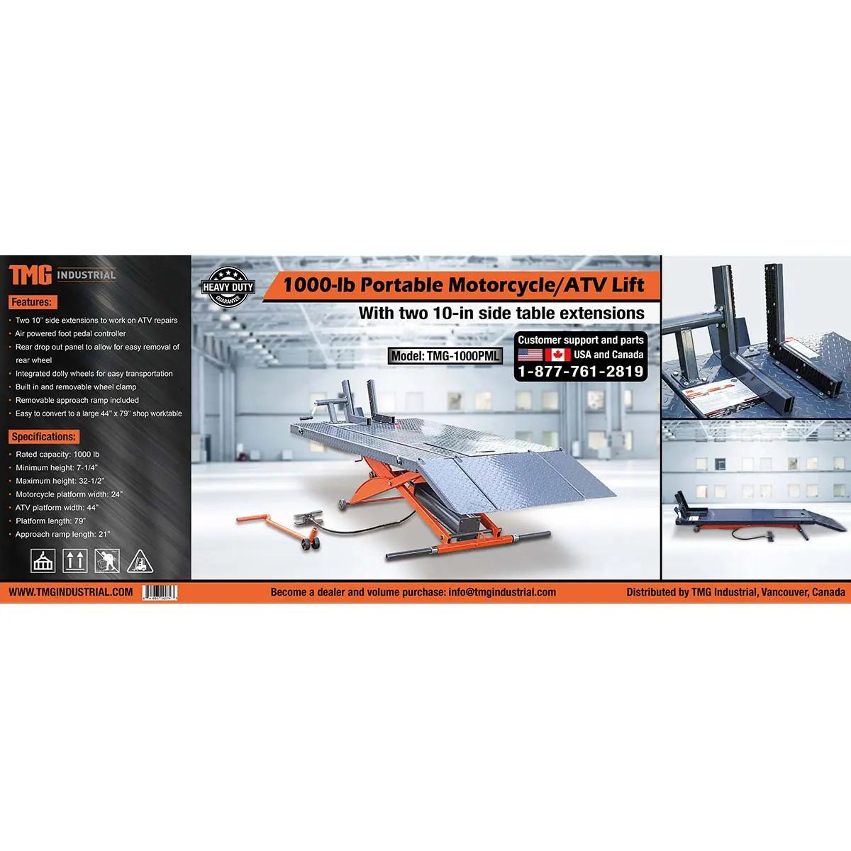 1000 lb Portable Motorcycle/ATV Scissor Lift, 44″ Work Platform, 10″ Side Panel Extensions, 79″ Platform Length, Front Vise Kit, TMG-1000PML