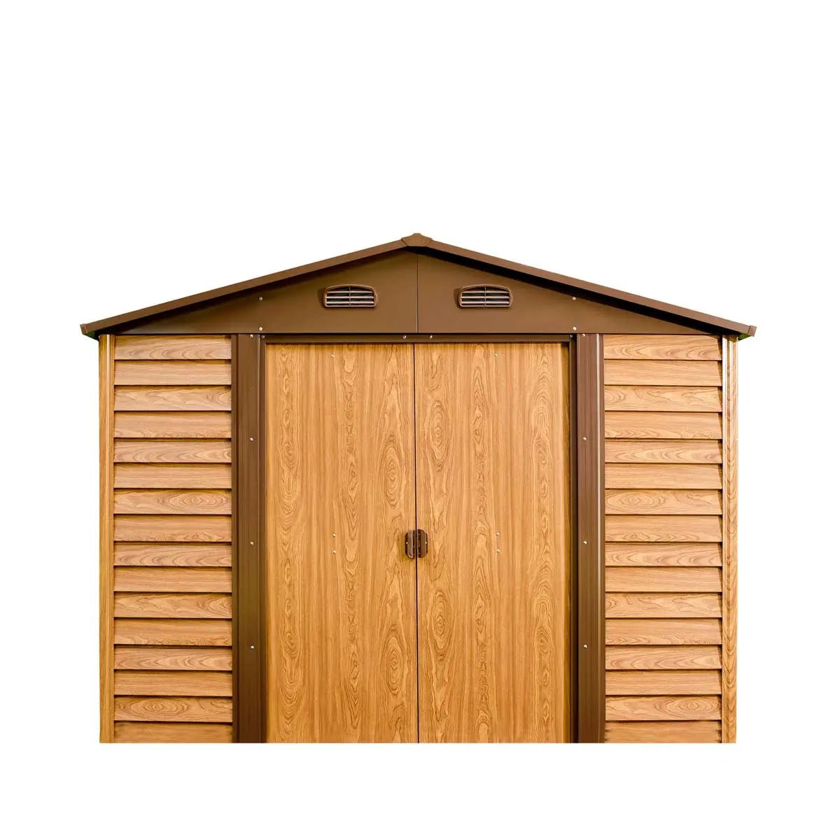 11’ x 12’ Wood-Grain Galvanized Apex Roof Metal Shed, 50″ Sliding Door, 29 GA Corrugated Metal, 67″ Edge Height, TMG-MS1112