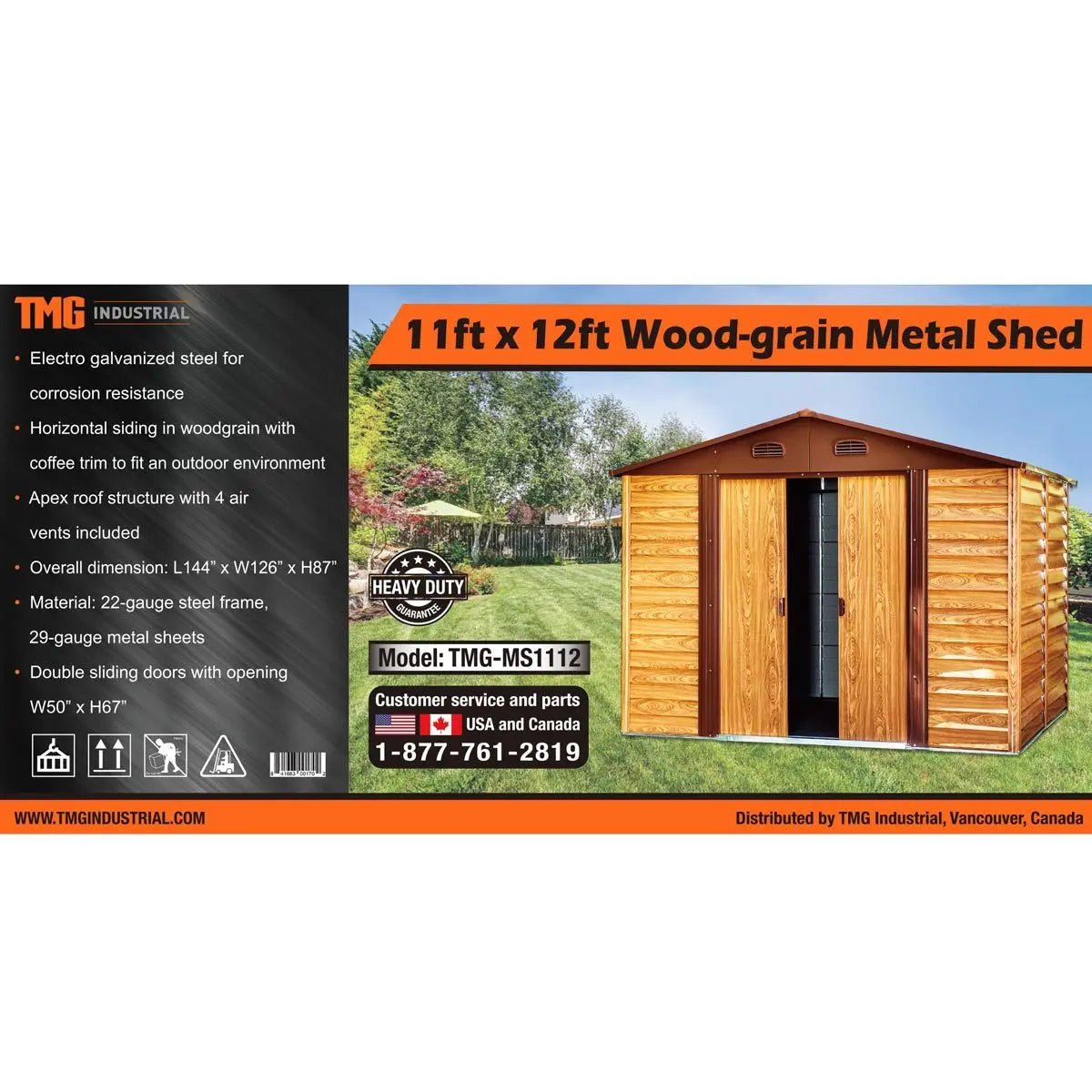 11’ x 12’ Wood-Grain Galvanized Apex Roof Metal Shed, 50″ Sliding Door, 29 GA Corrugated Metal, 67″ Edge Height, TMG-MS1112