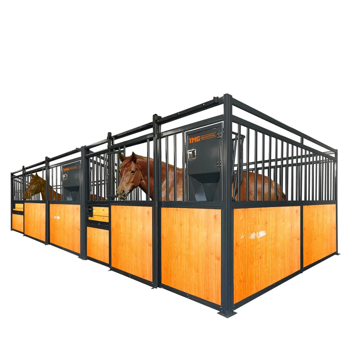 12’ Horse Stall Pine Lumber Panel, Vertical Bar Top & Wood-Filled Bottom, Front panel c/w Window/Feeder and Sliding Door, TMG-FHS12A and FHS12B