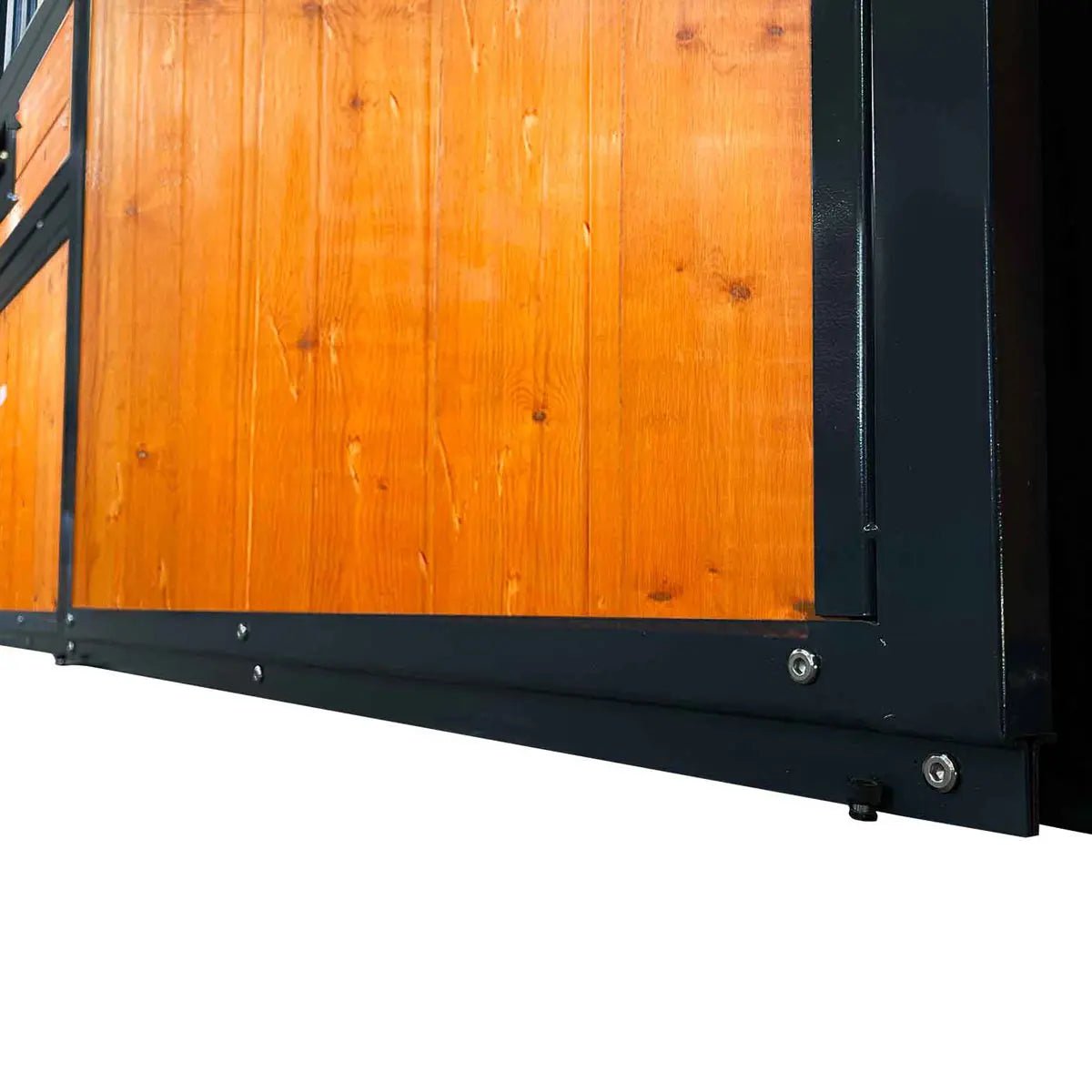 12’ Horse Stall Pine Lumber Panel, Vertical Bar Top & Wood-Filled Bottom, Front panel c/w Window/Feeder and Sliding Door, TMG-FHS12A and FHS12B