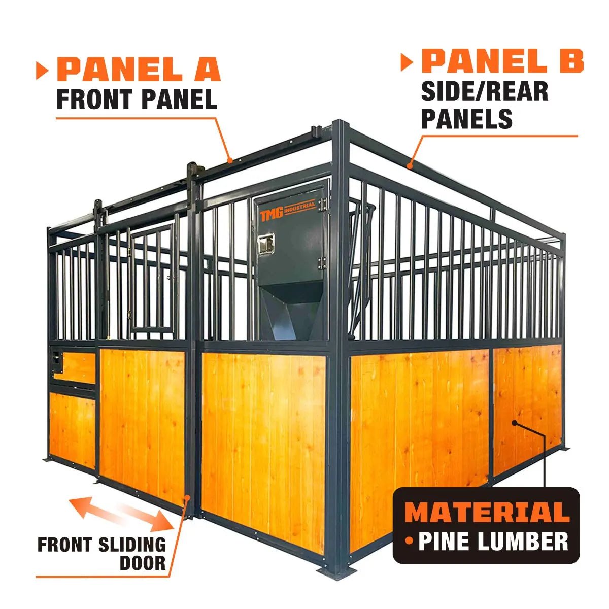 12’ Horse Stall Pine Lumber Panel, Vertical Bar Top & Wood-Filled Bottom, Front panel c/w Window/Feeder and Sliding Door, TMG-FHS12A and FHS12B