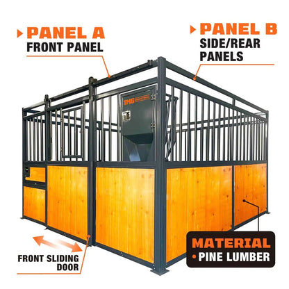 12’ Horse Stall Pine Lumber Panel, Vertical Bar Top & Wood-Filled Bottom, Front panel c/w Window/Feeder and Sliding Door, TMG-FHS12A and FHS12B