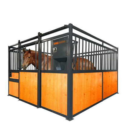 12’ Horse Stall Pine Lumber Panel, Vertical Bar Top & Wood-Filled Bottom, Front panel c/w Window/Feeder and Sliding Door, TMG-FHS12A and FHS12B