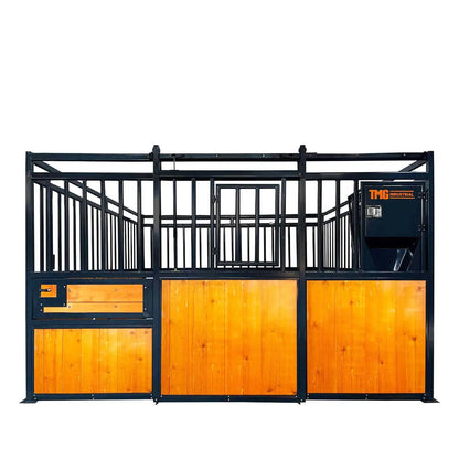 12’ Horse Stall Pine Lumber Panel, Vertical Bar Top & Wood-Filled Bottom, Front panel c/w Window/Feeder and Sliding Door, TMG-FHS12A and FHS12B