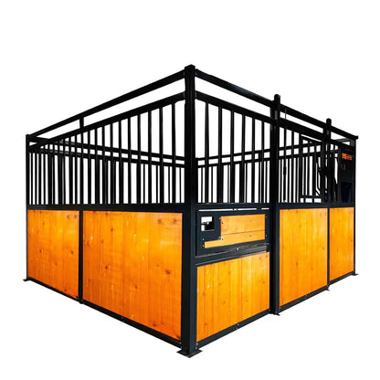 12’ Horse Stall Pine Lumber Panel, Vertical Bar Top & Wood-Filled Bottom, Front panel c/w Window/Feeder and Sliding Door, TMG-FHS12A and FHS12B