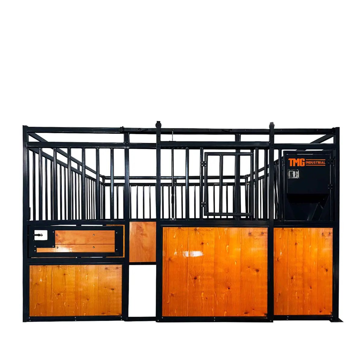 12’ Horse Stall Pine Lumber Panel, Vertical Bar Top & Wood-Filled Bottom, Front panel c/w Window/Feeder and Sliding Door, TMG-FHS12A and FHS12B