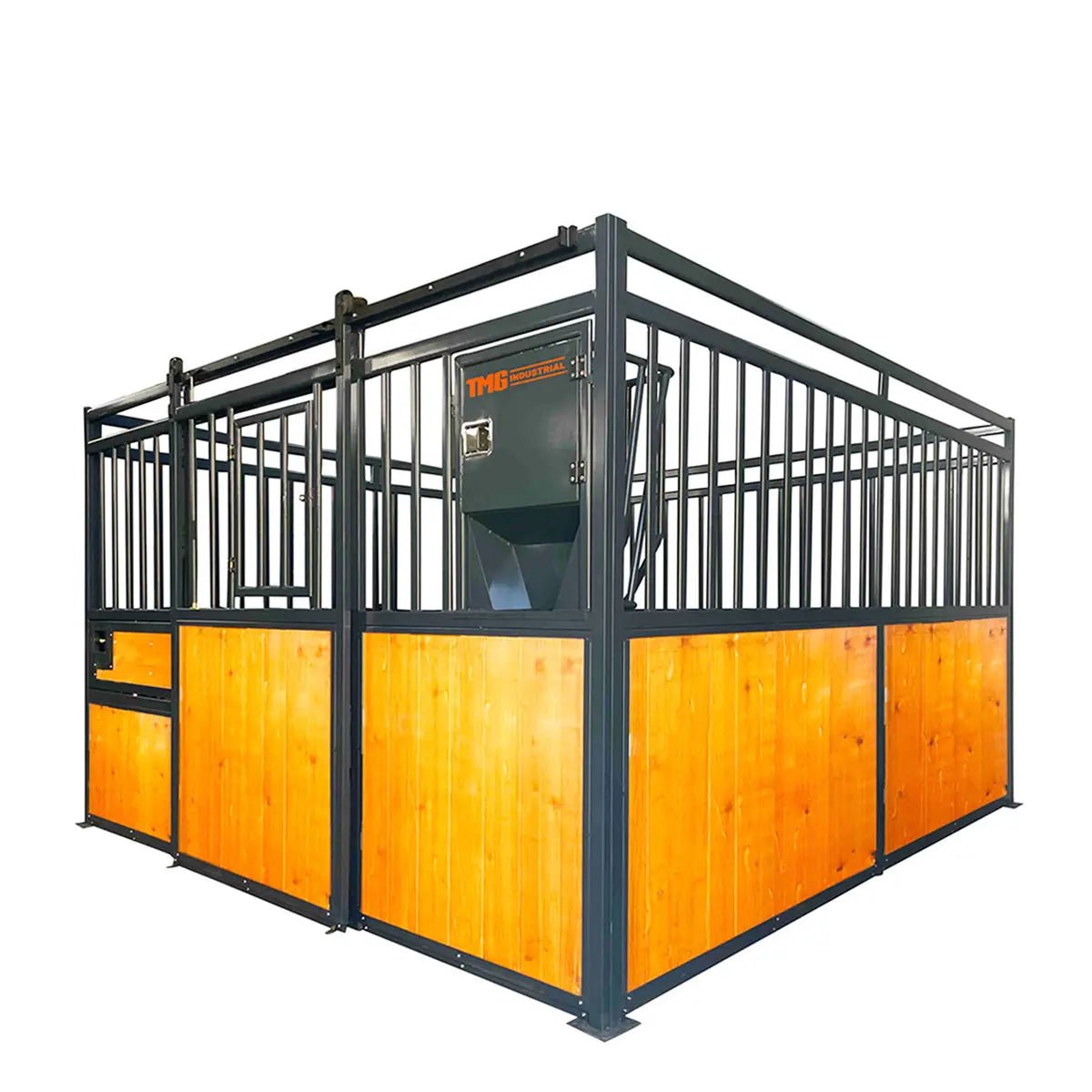 12’ Horse Stall Pine Lumber Panel, Vertical Bar Top & Wood-Filled Bottom, Front panel c/w Window/Feeder and Sliding Door, TMG-FHS12A and FHS12B