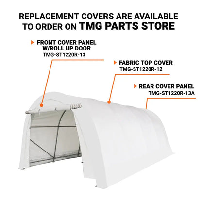 12’ x 20’ Car Shelter w/Rounded Roof & Heavy-Duty 11 OZ PE Fabric Cover, Galvanized Steel Frame, Fabric front roll-up door, TMG-ST1220R
