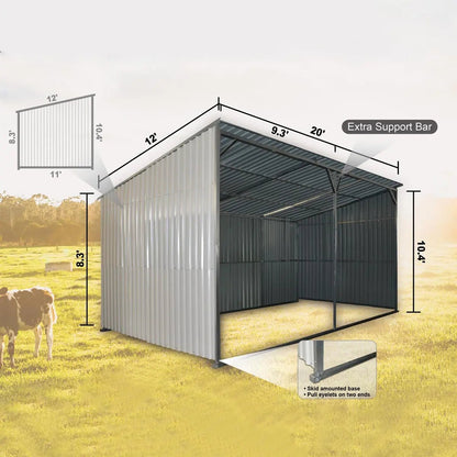 12’ x 20’ Galvanized Metal Livestock Shed, 240 Sq-Ft, 27 GA Corrugated Panels, Sliding Skid Mount, TMG-MS1220L