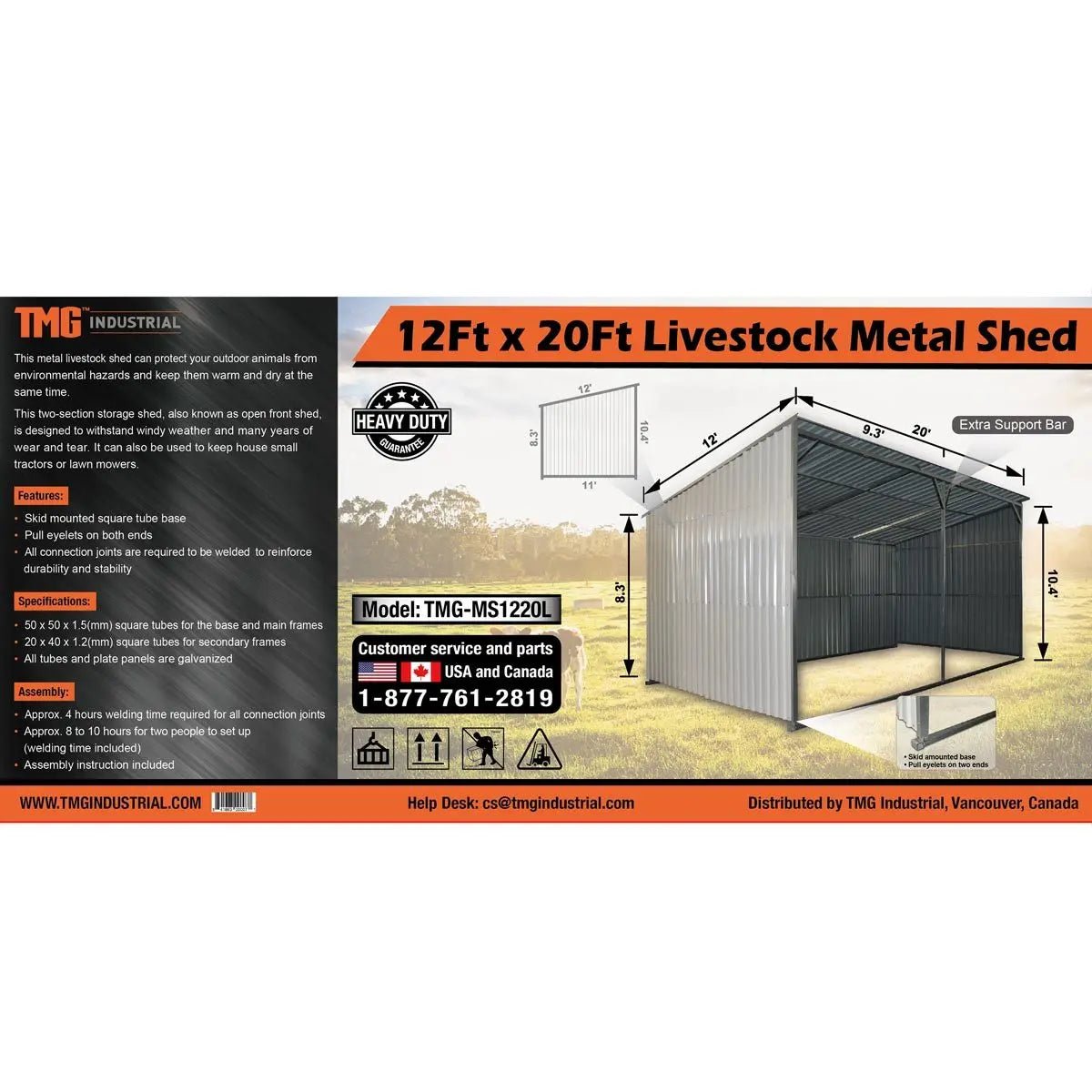 12’ x 20’ Galvanized Metal Livestock Shed, 240 Sq-Ft, 27 GA Corrugated Panels, Sliding Skid Mount, TMG-MS1220L