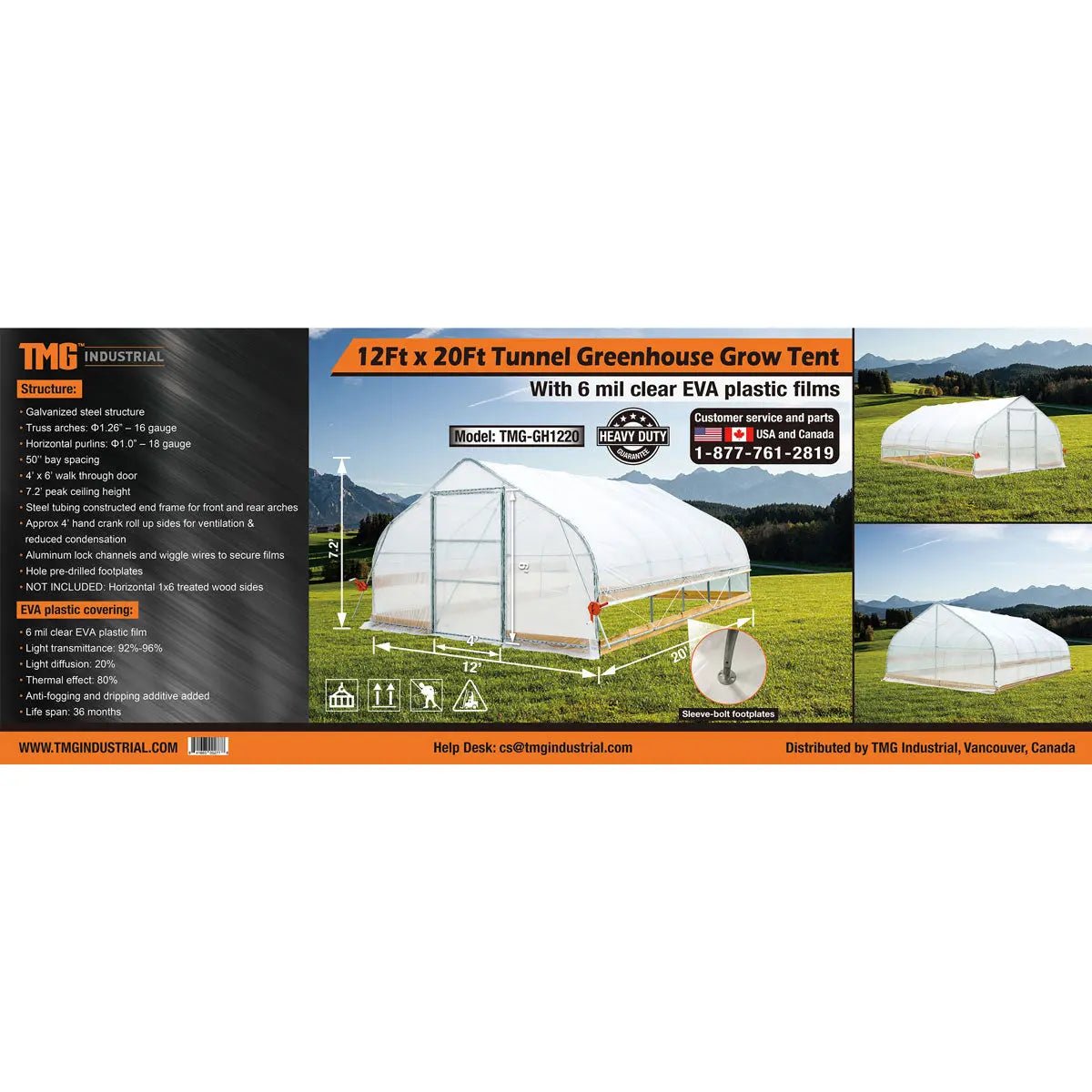 12’ x 20’ Tunnel Greenhouse Grow Tent w/6 Mil Clear EVA Plastic Film, Cold Frame, Hand Crank Roll-Up Sides, Peak Ceiling Roof, TMG-GH1220