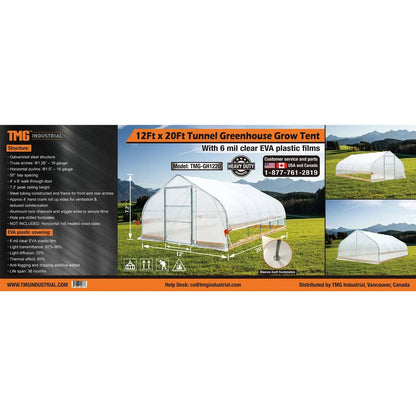 12’ x 20’ Tunnel Greenhouse Grow Tent w/6 Mil Clear EVA Plastic Film, Cold Frame, Hand Crank Roll-Up Sides, Peak Ceiling Roof, TMG-GH1220