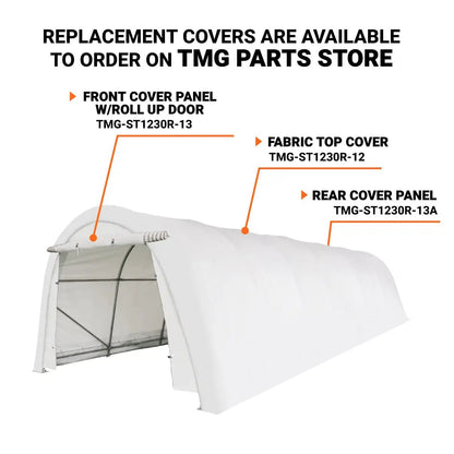 12’ x 30’ Car Shelter w/Rounded Roof & Heavy-Duty 11 OZ PE Fabric Cover, Galvanized Steel Frame, Fabric front roll-up door, TMG-ST1230R