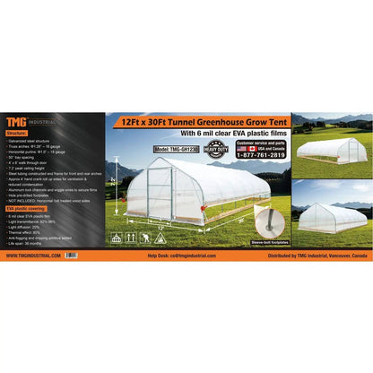 12’ x 30’ Tunnel Greenhouse Grow Tent w/6 Mil Clear EVA Plastic Film, Cold Frame, Hand Crank Roll-Up Sides, Peak Ceiling Roof, TMG-GH1230