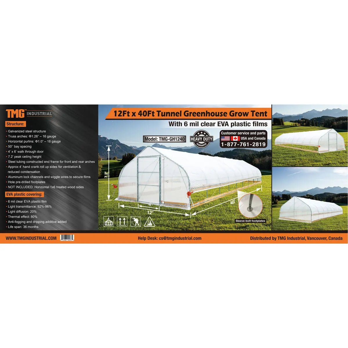 12’ x 40’ Tunnel Greenhouse Grow Tent w/6 Mil Clear EVA Plastic Film, Cold Frame, Hand Crank Roll-Up Sides, Peak Ceiling Roof, TMG-GH1240