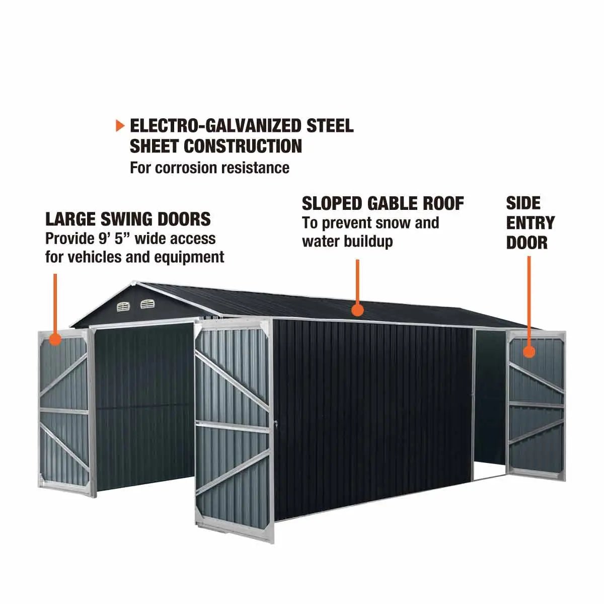 13’ x 20’ Metal Garage Shed with Double Front Doors, 7’9″ Peak Height, Side Entry Door, 240 Sq-Ft Floor Space, TMG-MS1320A