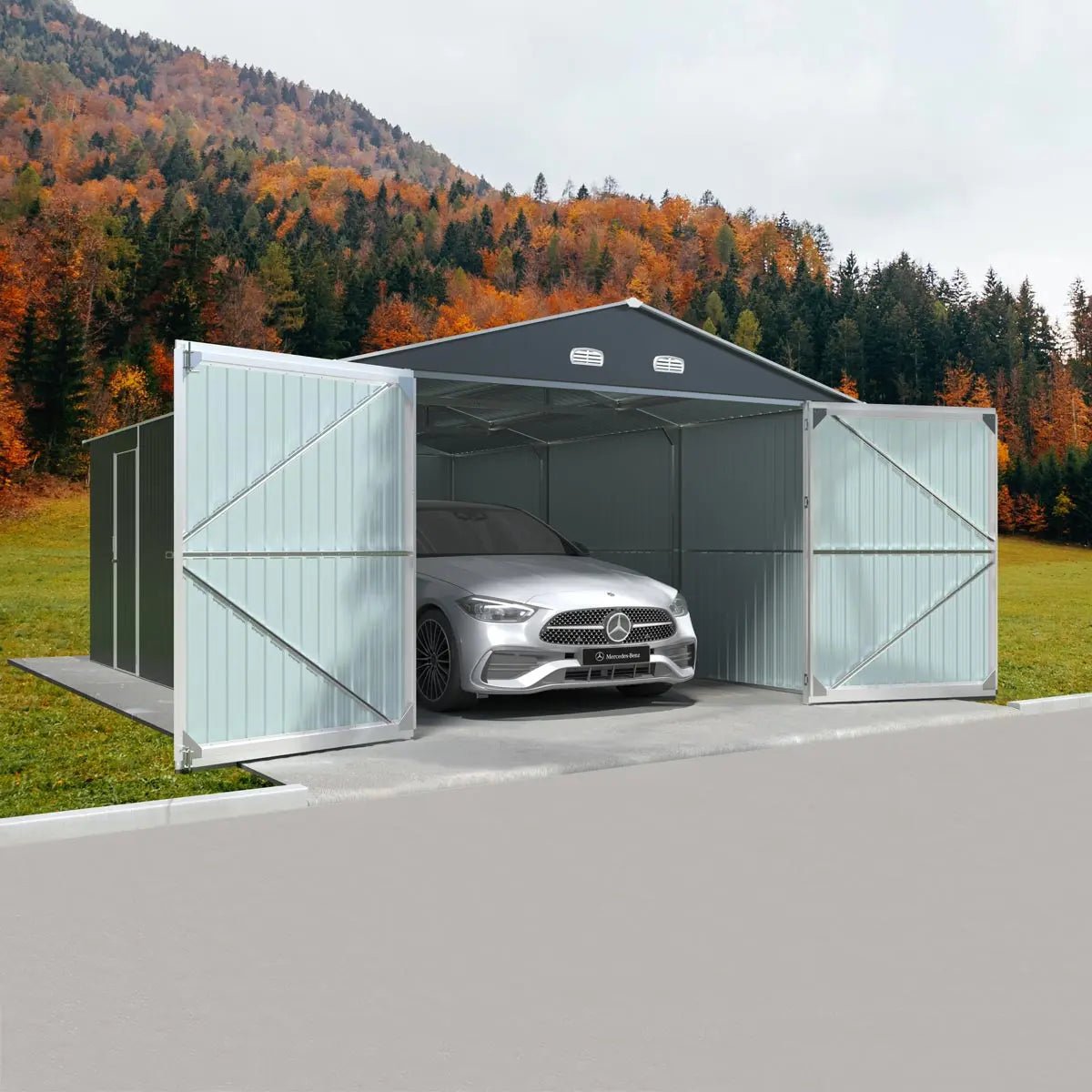 13’ x 20’ Metal Garage Shed with Double Front Doors, 7’9″ Peak Height, Side Entry Door, 240 Sq-Ft Floor Space, TMG-MS1320A