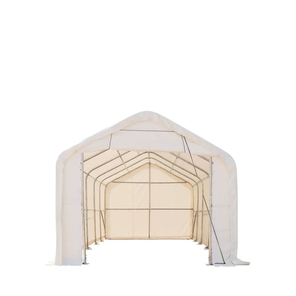 15’ x 25’ RV/Motorhome Storage Shelter, 17 oz PVC Fabric Cover, Front Roll-Up Door, Enclosed Rear Wall, 3-Layer Galvanized Steel Frame, 10’ Straight Sidewalls, TMG-ST1525