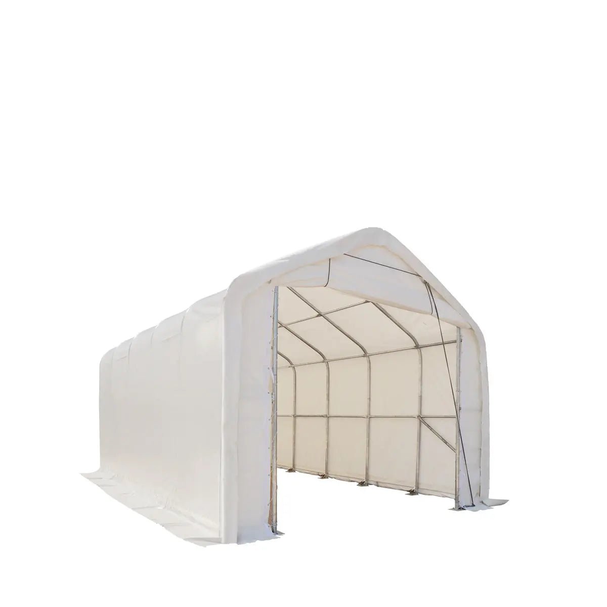 15’ x 25’ RV/Motorhome Storage Shelter, 17 oz PVC Fabric Cover, Front Roll-Up Door, Enclosed Rear Wall, 3-Layer Galvanized Steel Frame, 10’ Straight Sidewalls, TMG-ST1525