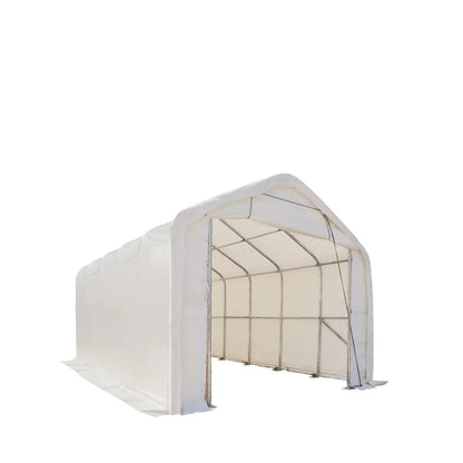 15’ x 25’ RV/Motorhome Storage Shelter, 17 oz PVC Fabric Cover, Front Roll-Up Door, Enclosed Rear Wall, 3-Layer Galvanized Steel Frame, 10’ Straight Sidewalls, TMG-ST1525