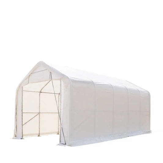 15’ x 25’ RV/Motorhome Storage Shelter, 17 oz PVC Fabric Cover, Front Roll-Up Door, Enclosed Rear Wall, 3-Layer Galvanized Steel Frame, 10’ Straight Sidewalls, TMG-ST1525