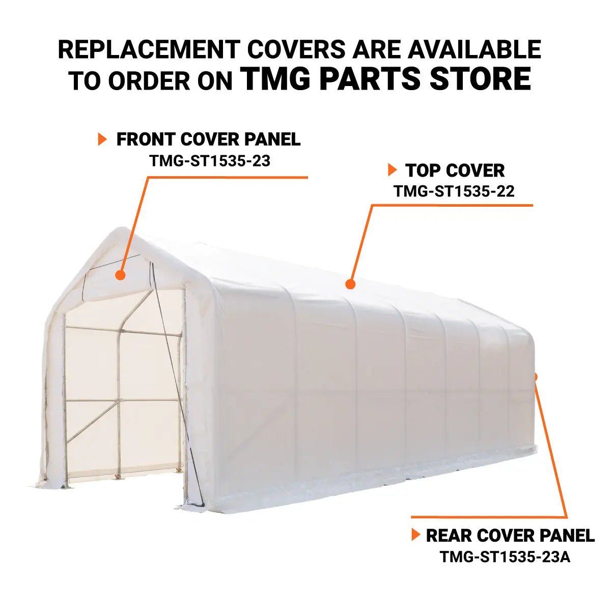 15’ x 35’ RV/Motorhome Storage Shelter, 17 oz PVC Fabric Cover, Front Roll-Up Door, Enclosed Rear Wall, 3-Layer Galvanized Steel Frame, 10’ Straight Sidewalls, TMG-ST1535