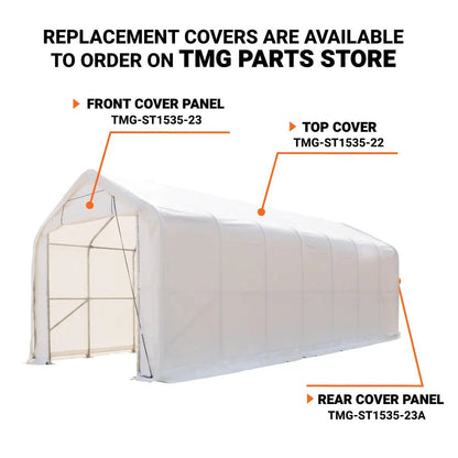 15’ x 35’ RV/Motorhome Storage Shelter, 17 oz PVC Fabric Cover, Front Roll-Up Door, Enclosed Rear Wall, 3-Layer Galvanized Steel Frame, 10’ Straight Sidewalls, TMG-ST1535