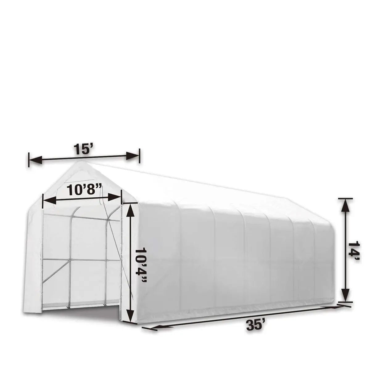 15’ x 35’ RV/Motorhome Storage Shelter, 17 oz PVC Fabric Cover, Front Roll-Up Door, Enclosed Rear Wall, 3-Layer Galvanized Steel Frame, 10’ Straight Sidewalls, TMG-ST1535