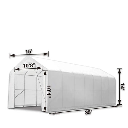 15’ x 35’ RV/Motorhome Storage Shelter, 17 oz PVC Fabric Cover, Front Roll-Up Door, Enclosed Rear Wall, 3-Layer Galvanized Steel Frame, 10’ Straight Sidewalls, TMG-ST1535