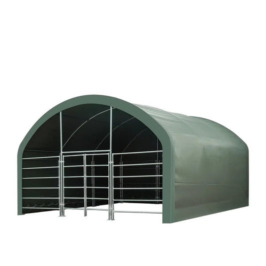20’ x 20’ Livestock Corral Shelter, Powder Coated Structure, 12’ Dome Roof, 17 oz Military Green PVC Fabric Covering, 6-Bar Corral Panels, 5’ Front Swing Gate, TMG-ST2020L