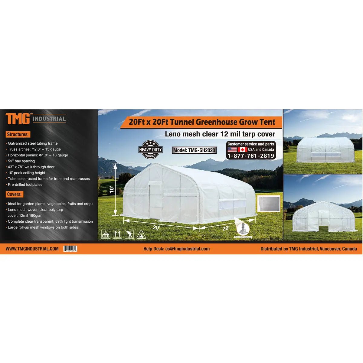 20’ x 20’ Tunnel Greenhouse Grow Tent w/12 Mil Ripstop Leno Mesh Cover, Cold Frame, Roll-up Windows, Peak Ceiling Roof, TMG-GH2020