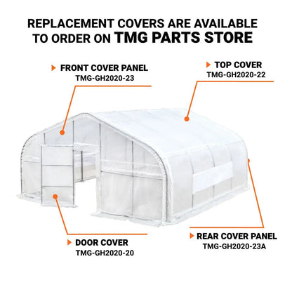20’ x 20’ Tunnel Greenhouse Grow Tent w/12 Mil Ripstop Leno Mesh Cover, Cold Frame, Roll-up Windows, Peak Ceiling Roof, TMG-GH2020