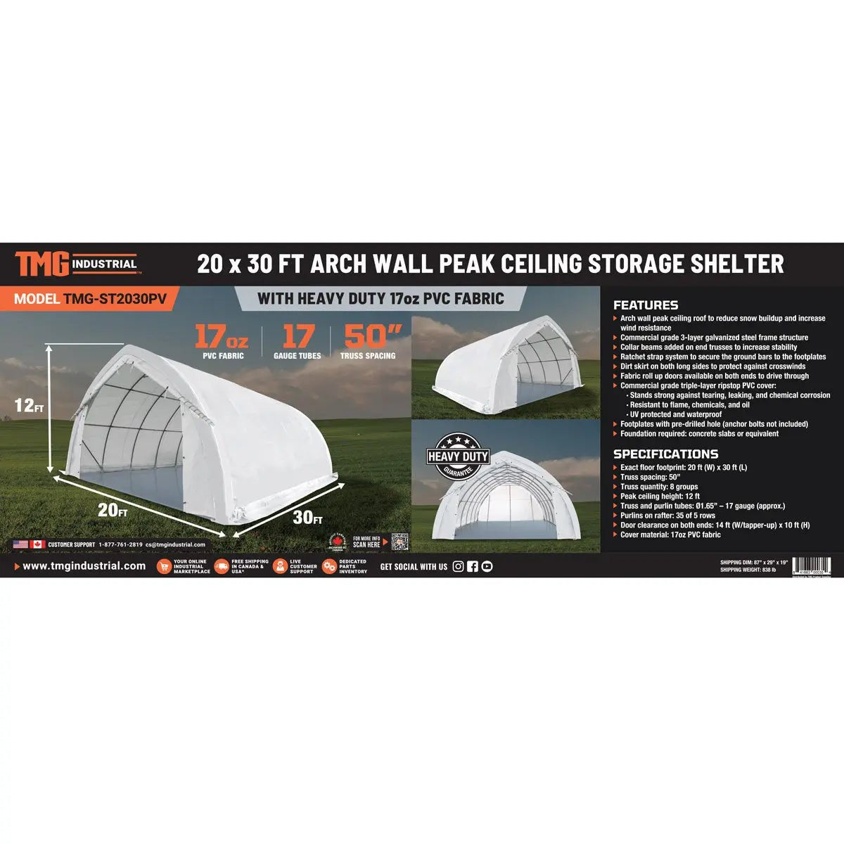20′ x 30′ Arch Wall Peak Ceiling Storage Shelter with Heavy Duty 17 oz PVC Cover & Drive Through Doors, TMG-ST2031PV(Previously ST2030PV)