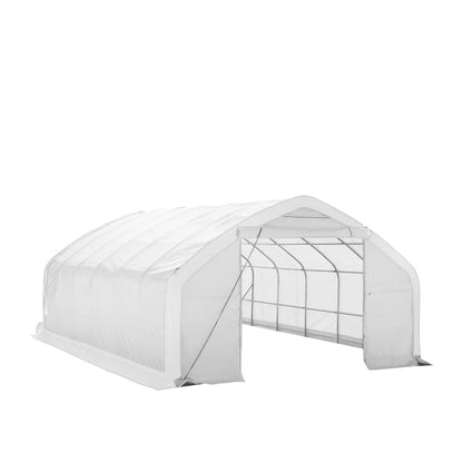 20′ x 30′ Straight Wall Peak Ceiling Storage Shelter with Heavy Duty 11 oz PE Cover & Drive Through Door, TMG-ST2031E