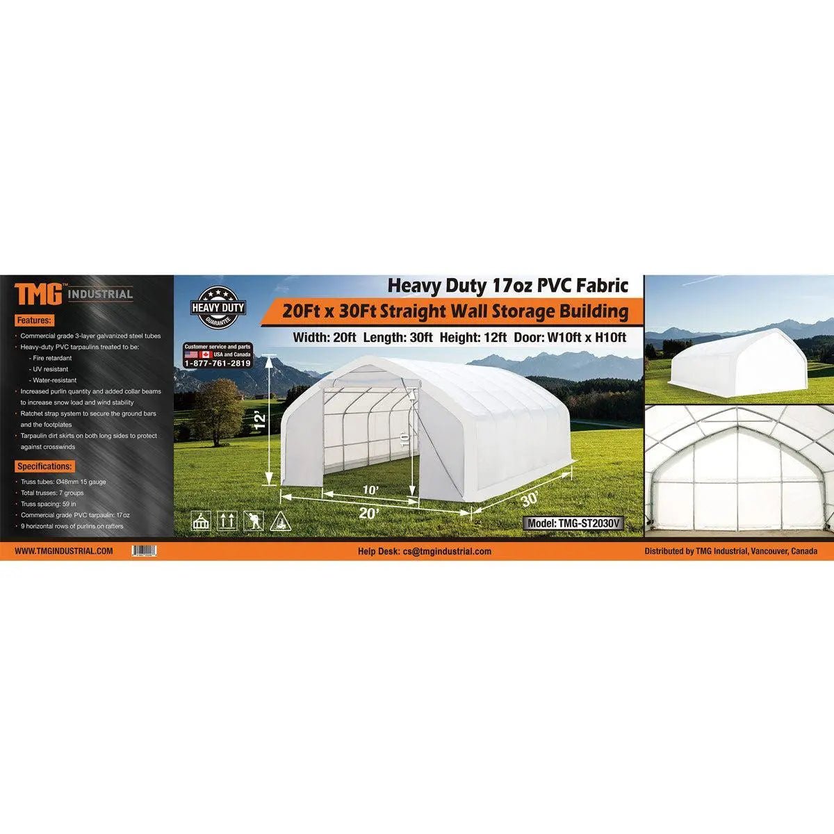 20′ x 30′ Straight Wall Peak Ceiling Storage Shelter with Heavy Duty 17 oz PVC Cover & Drive Through Door, TMG-ST2031V (Previously ST2030V)